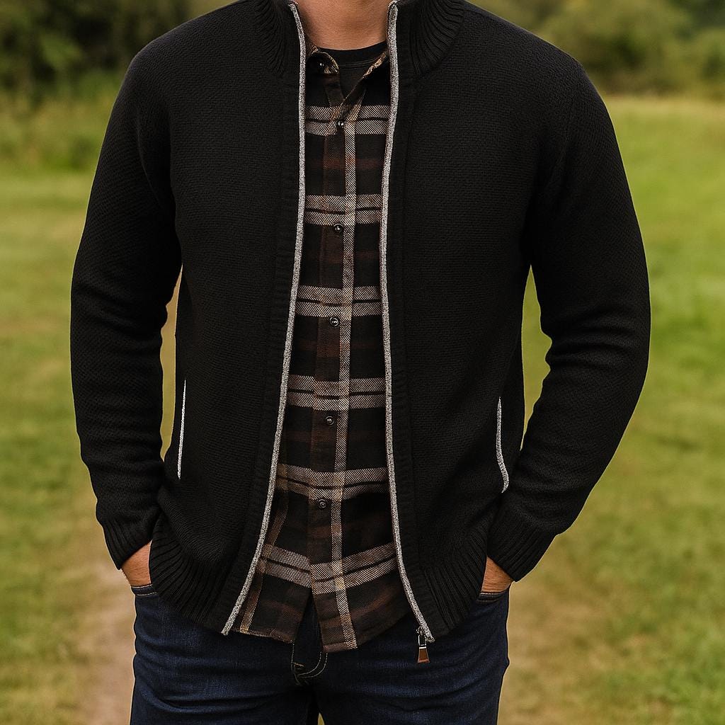 Men’s Zip-Up Cardigan – Check Pattern Lined Design