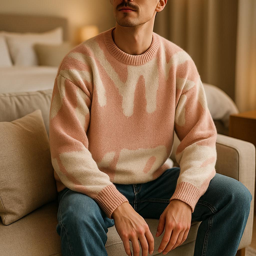 Men’s Geometric Pattern Oversized Sweater – Crew Neck Design