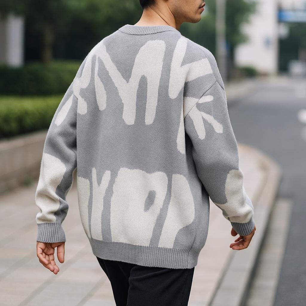 Men’s Geometric Pattern Oversized Sweater – Crew Neck Design
