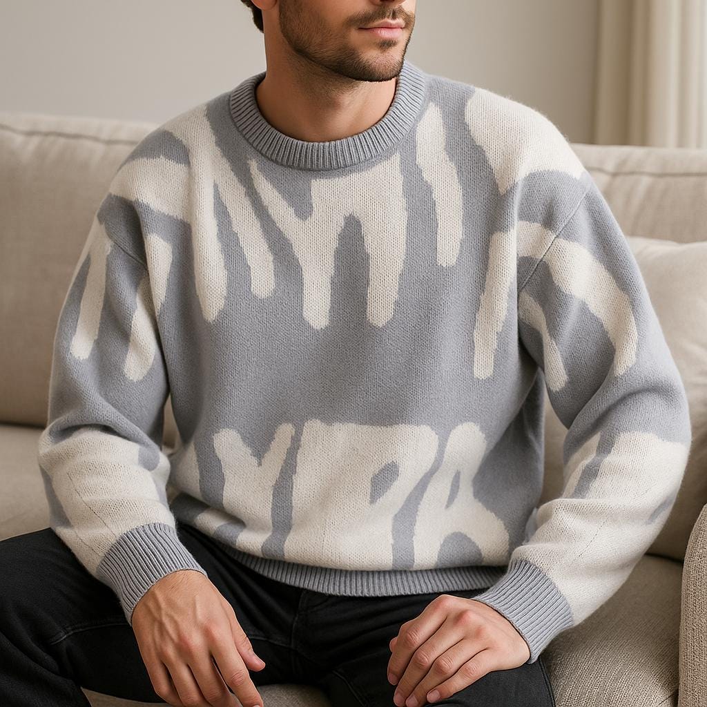 Men’s Geometric Pattern Oversized Sweater – Crew Neck Design