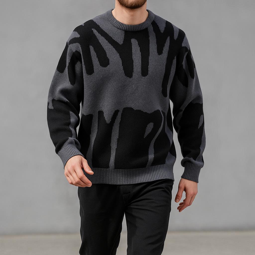 Men’s Geometric Pattern Oversized Sweater – Crew Neck Design