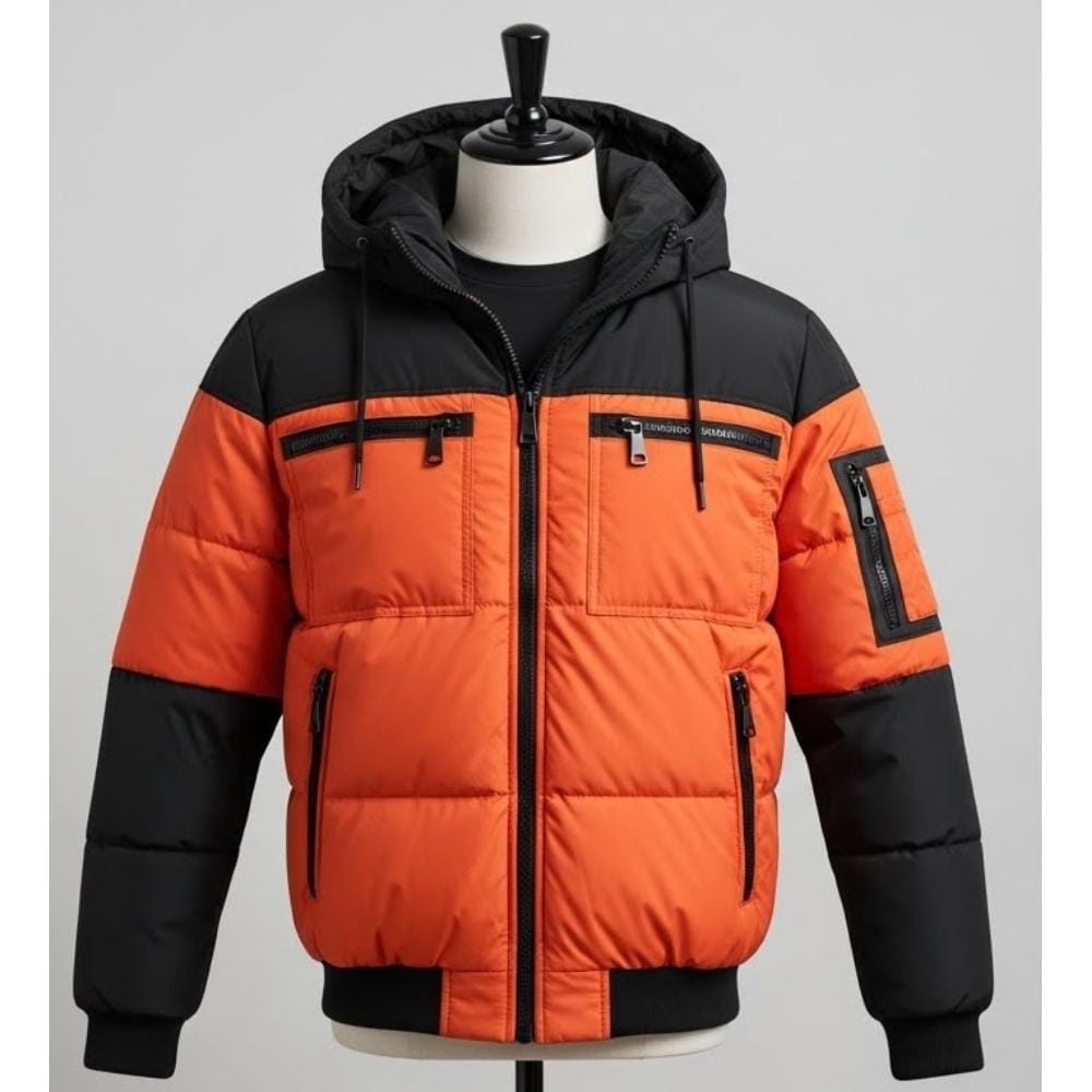 Men’s Orange Black Puffer Jacket | Warm Winter Hooded Coat