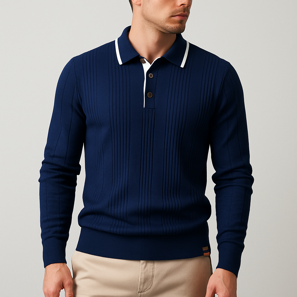 Langford Men Polo Knit Shirt Long Sleeve Button
