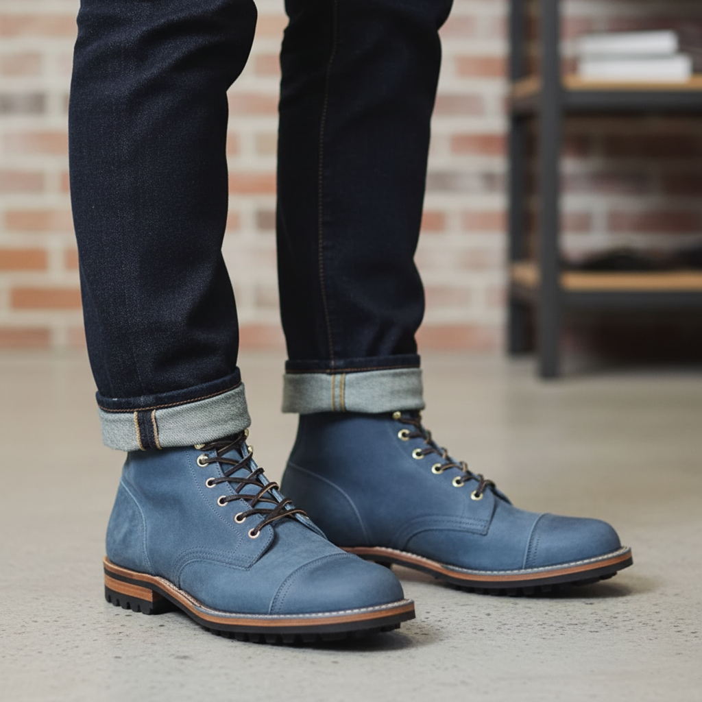 Men’s Leather Look Ankle Boots – Lace-Up Cap Toe Boots with Non-Slip Rubber Sole