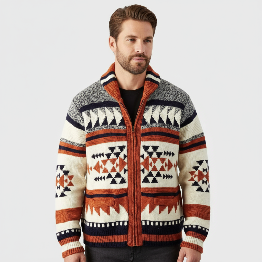 Red Jacquard Zip Cardigan – Statement Knitted Sweater for Men