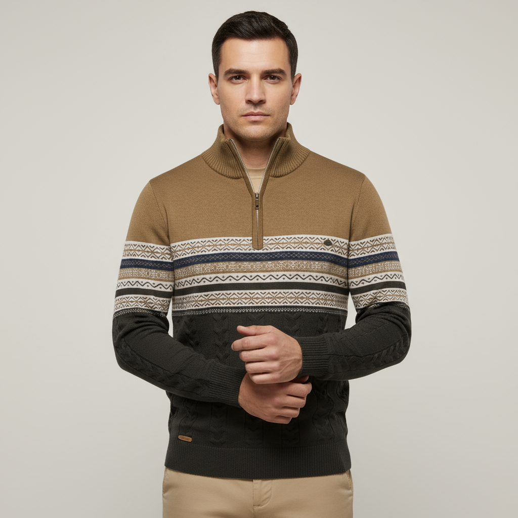 The Chatsworth Men's Quarter Zip Cotton Sweater – Fair Isle Knit