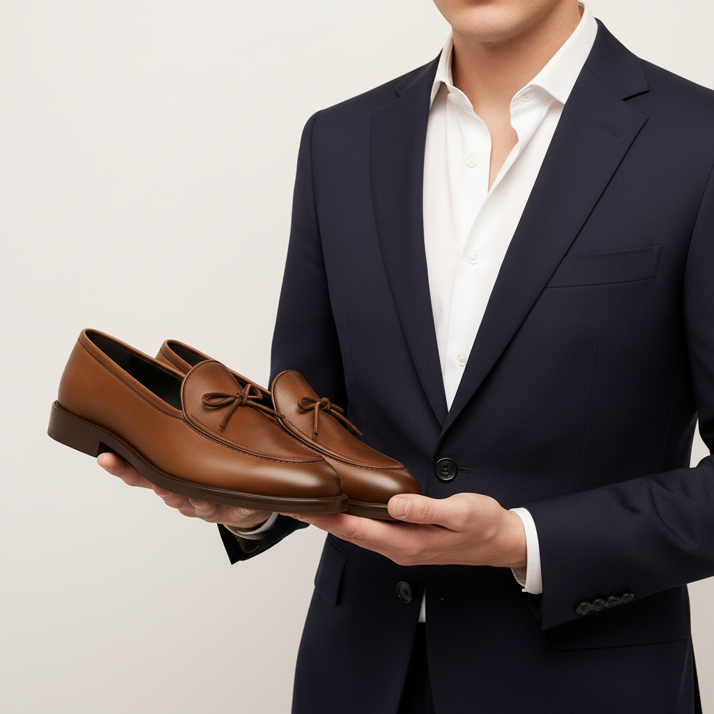 Men Leather Loafers With Bow Classic Dress Shoes