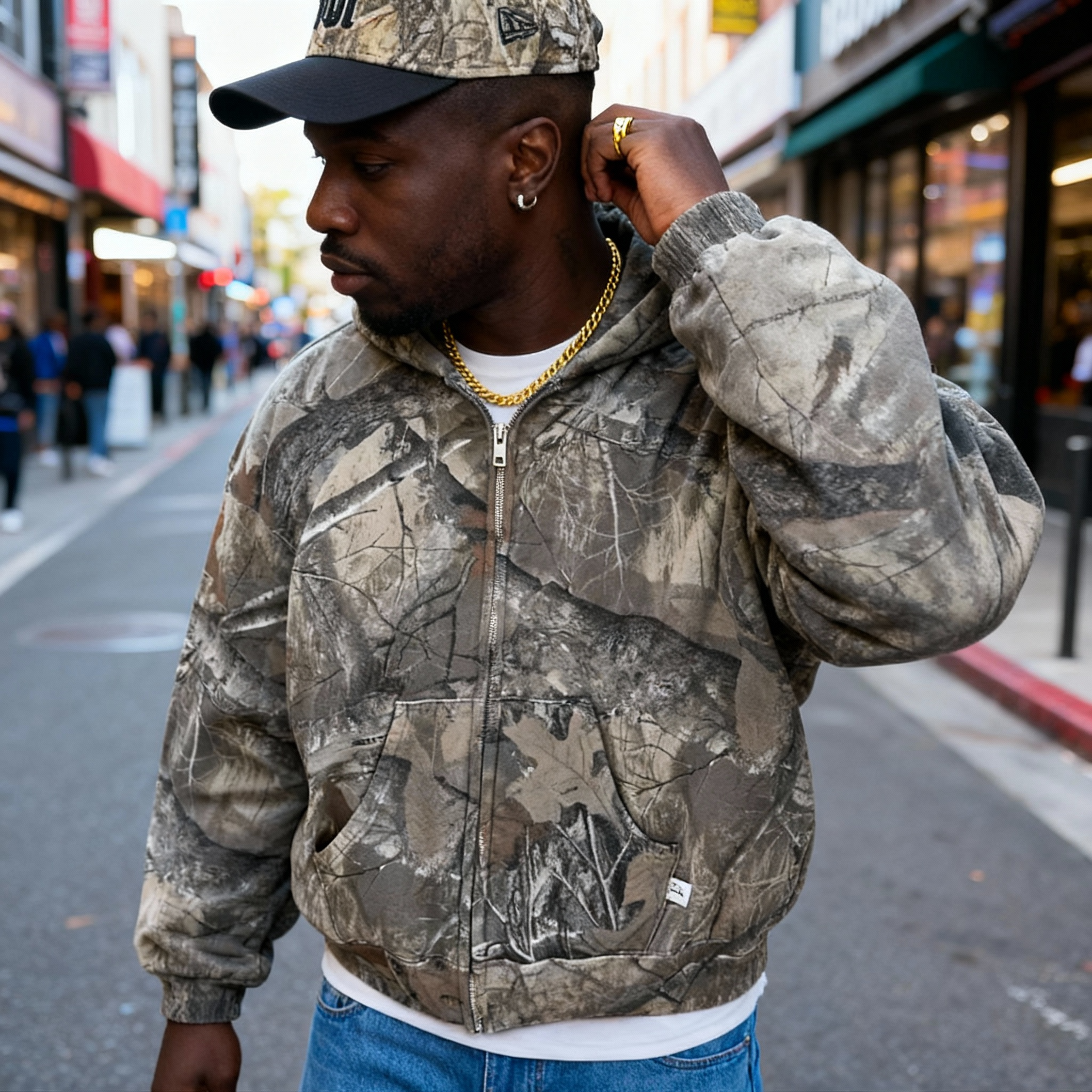 Camo Hoodie Sweater Streetstyle with Fleece Lining for Men