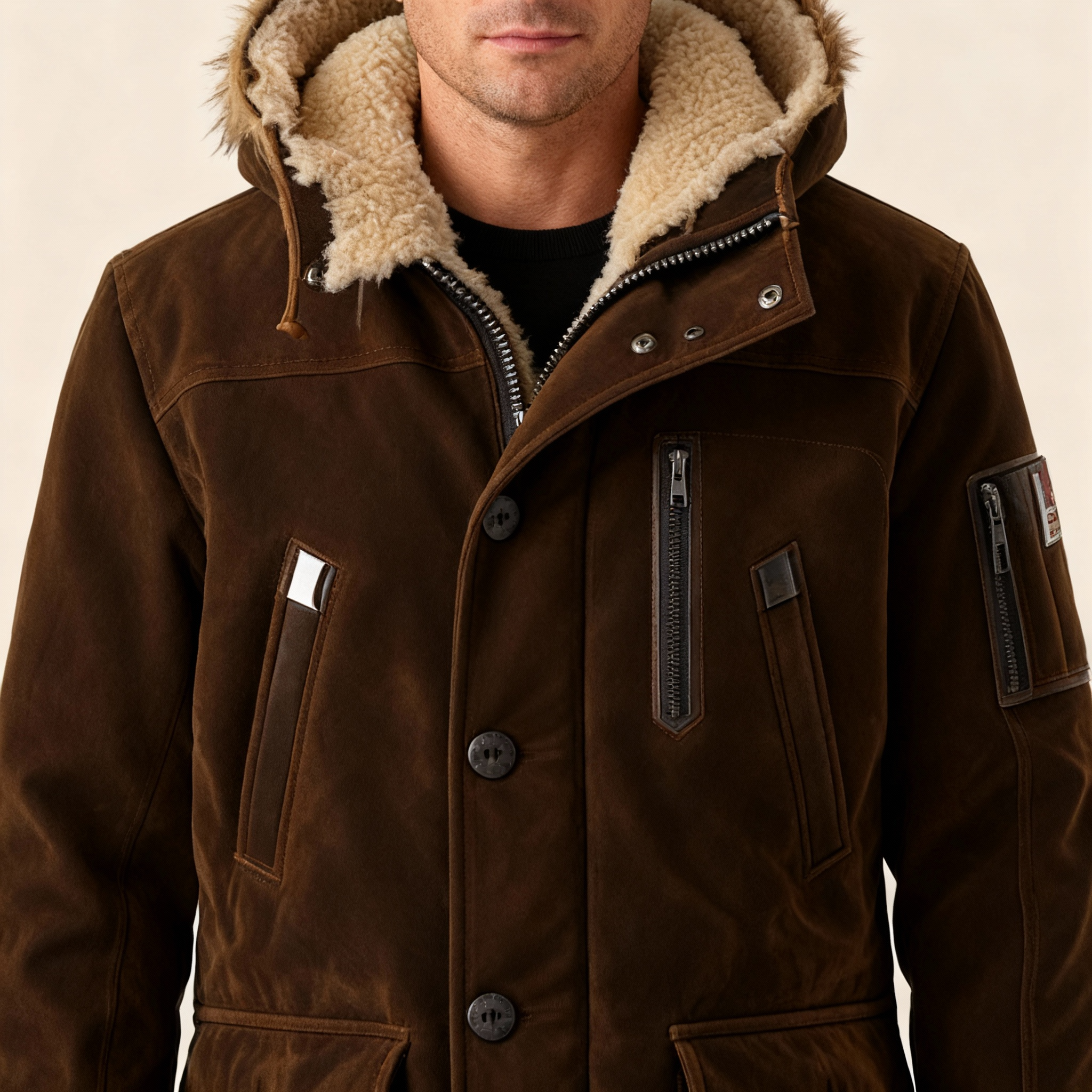 Men’s Brown Fur Lined Parka Heavy Winter Utility Coat Warm Hooded Jacket