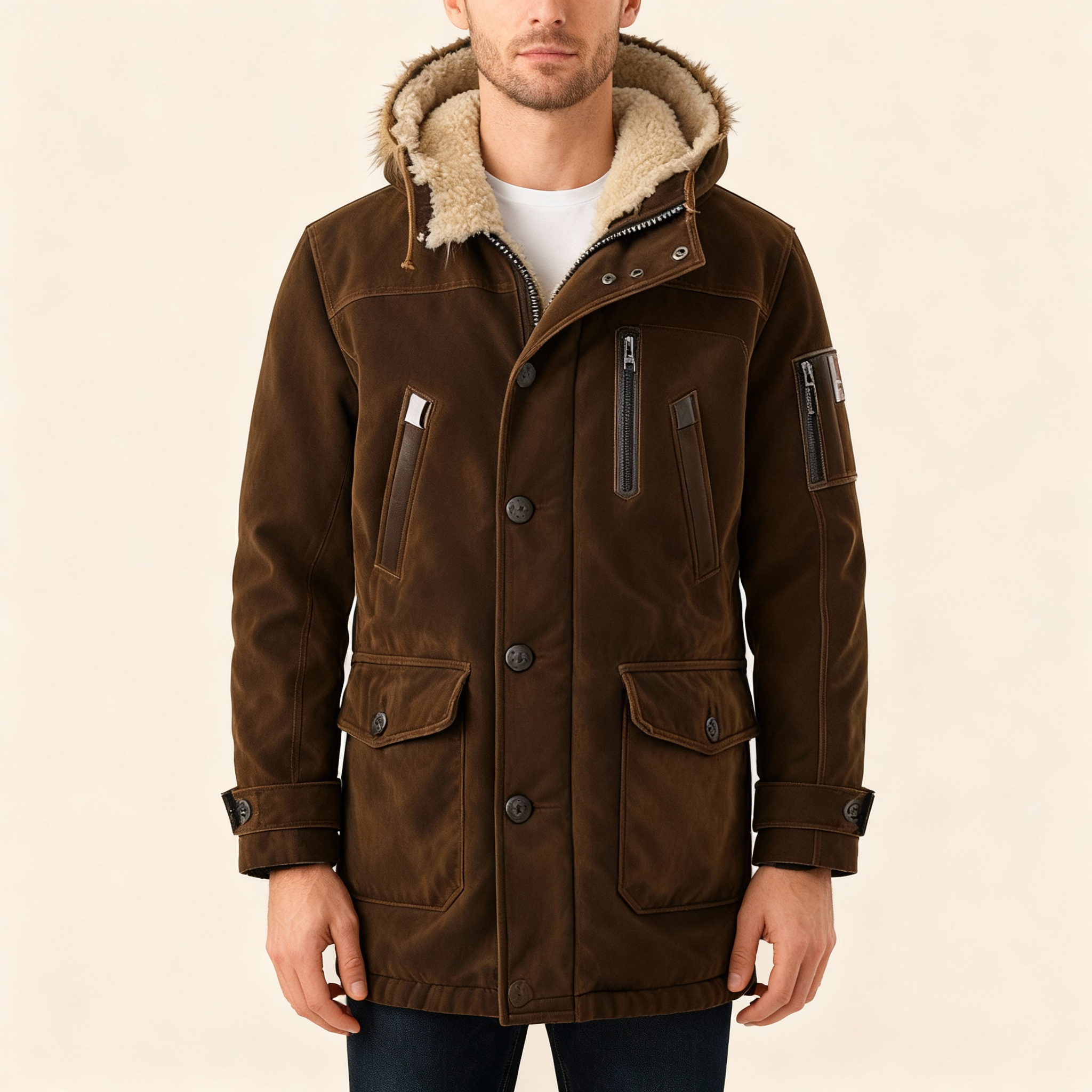 Men’s Brown Fur Lined Parka Heavy Winter Utility Coat Warm Hooded Jacket