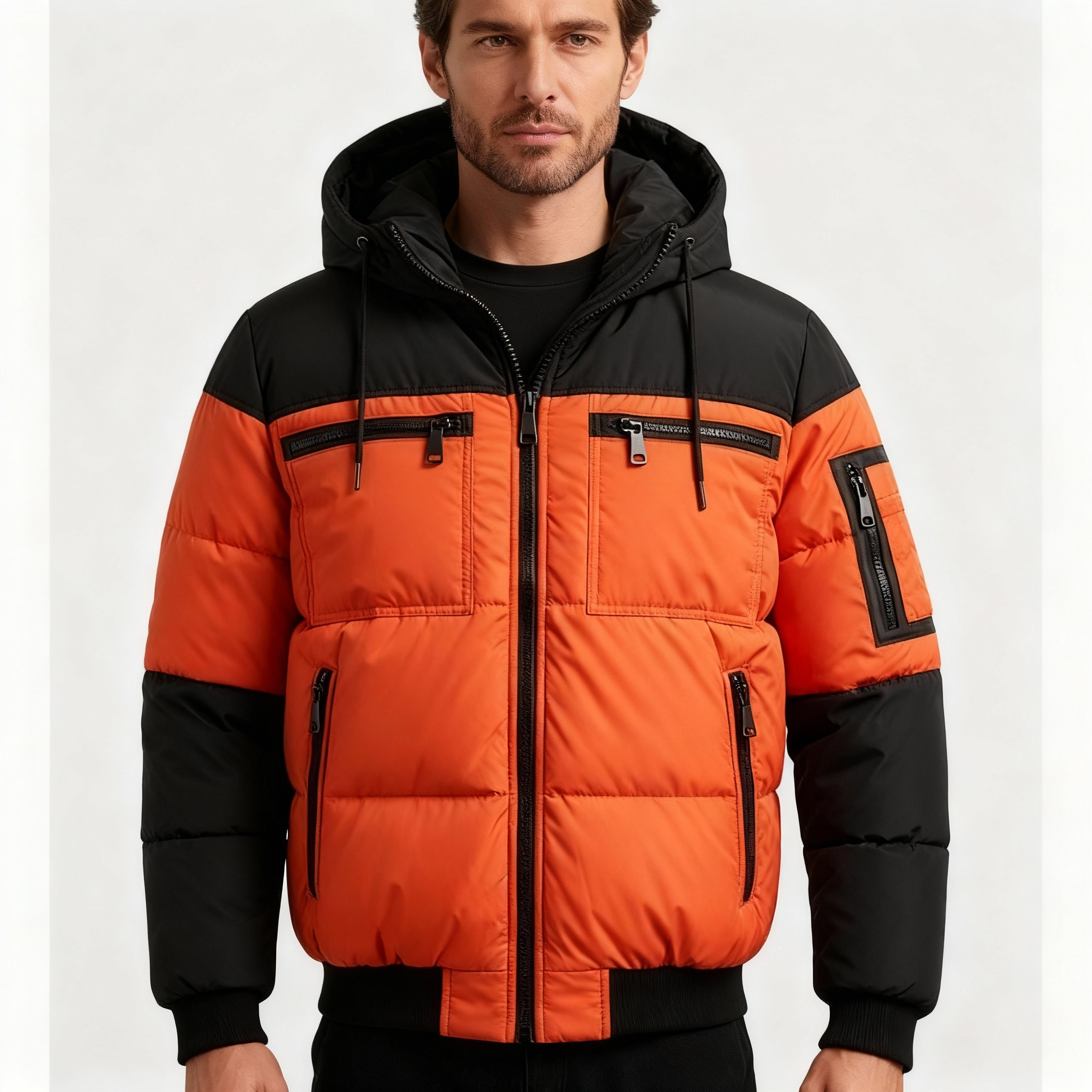 Men’s Orange Black Puffer Jacket | Warm Winter Hooded Coat